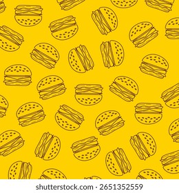 Burger Fast food background. Seamless burger pattern in doodle style.