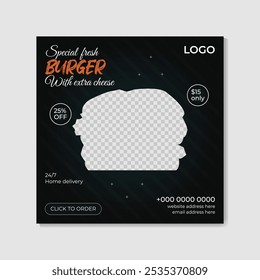 Hamburguesa Comida rápida Negocio Marketing Redes sociales Post Diseño Plantilla Delicioso Negocio de comida en línea Publicidad Comida chatarra Marketing Post Diseño Vector 