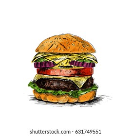 Burger - fast food concept, Hand Drawn Sketch Vector illustration.