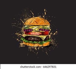 Burger - fast food concept, Hand Drawn Sketch Vector illustration.