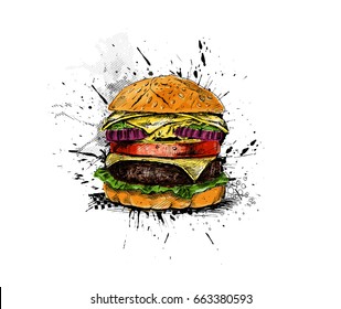 Burger - conceito de fast food, ilustração vetorial desenhada à mão.