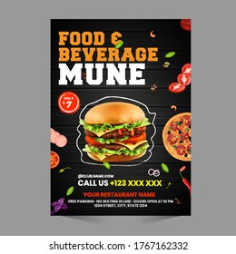 Burger & Fast Food Flyer Poster Pamphlet Brochure Cover Design Layout Background With Vector Template In A4 Size