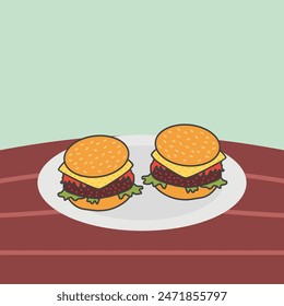 Burger fast food with fresh vegetables and meat on a plate flat vector. Food plate on a brown wooden table.