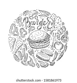 Burger Fast food hand drawn vector illustration. Doodle engrawing print with cheese, bbq cutlet, salad, pepper, tomato, onion, sandwich and lettering "Burger". Circle monochrone pattern