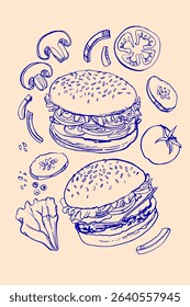 Burger Fast food. Hand drawn line food illustration vector. Vegetables and herbs, spices. Farm food. Healthy eating