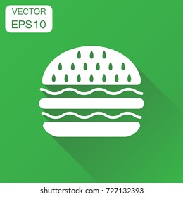 Burger fast food icon. Business concept hamburger symbol pictogram. Vector illustration on green background with long shadow.