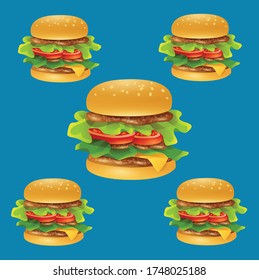 Burger, fast food icons in lyne style. Vector food illustration.. Beef burger and french fries on wooden table isolated on black background