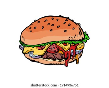 Burger fast food illustration. Cartoon comic book pop art drawing