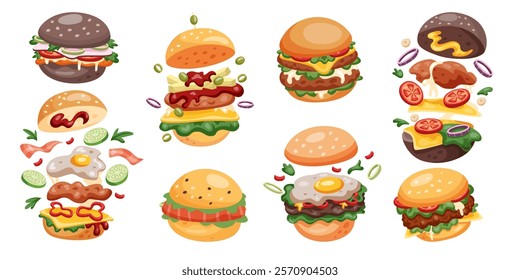 Burger fast food. Ingredients of hamburger, cheeseburger flying. Falling chicken, bread and vegetables, cheese and meat. American sandwich isolated set. Menu decoration. Vector cartoon tidy restaurant