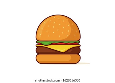 Burger fast food isolated. Hamburger with tomato bow greens juicy fried beef cutlet cheese slice in golden bun with sauce. Cheeseburger fastfood flat vector outline illustration