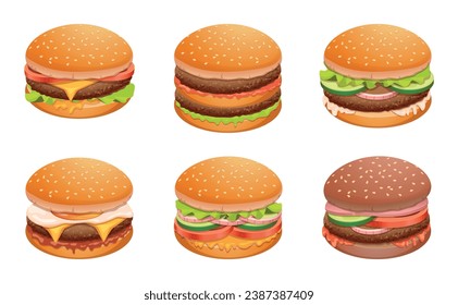 Burger. Cocina de comida rápida con diferentes quemadores ilustraciones vectoriales exactas aperitivos con ingredientes de carne y queso