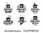 Burger, fast food logo or icon, emblem. Label for menu design restaurant or cafe. Lettering vector illustration
