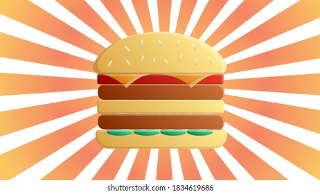 Burger fast food meal advertising poster with rays and lettering inscription. Delicious hamburger or cheeseburger promotional.
