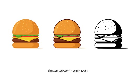 Burger fast food meal isolated set. Hamburger with tomato bow greens juicy fried beef cutlet cheese slice in bun with sauce. Cheeseburger fastfood colorful and black symbol vector illustration