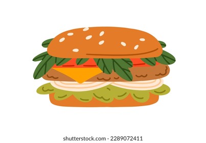 Hamburguesa, comida rápida con carnes cortadas, verduras rellenas entre bollos. snack americano, bocadillo de hamburguesa con queso, lechuga, carne de res, cebolla. Ilustración vectorial plana aislada en fondo blanco