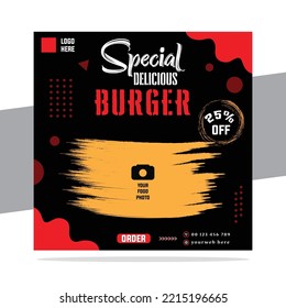 Burger fast food poster design: burger pamphlet, brochure cover design, social media banner, and food brand digital poster design.Template for a Flyer,