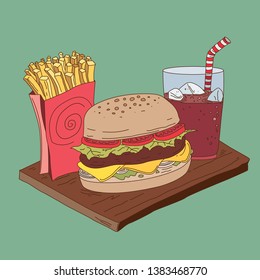 Burger Fast Food Restaurant Art, French Fries and Soda (Vector Art)