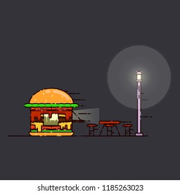 Burger or fast food restaurant or cafe Filled line icon. Design element or facade of burger, fast food cafe in Filled line style. Isolated. Vector illustration of fast food cafe