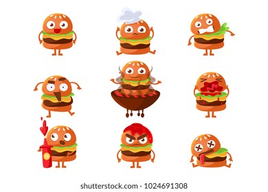 Burger Fast Food Sandwich Cartoon Humanized Character Emoji Sticker Set Of Vector Illustrations