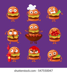 Burger Fast Food Sandwich Cartoon Humanized Character Emoji Sticker Set Of Vector Illustrations