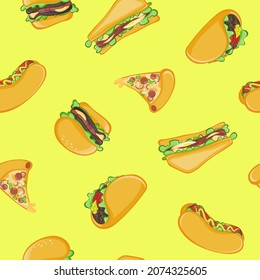 Burger fast food seamless pattern with flat simple cartoon on yellow background