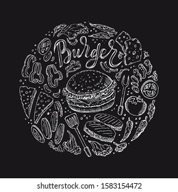 Burger Fast Food set. Chalkboard drawing. Cutlet, bbq, cheese, pepper, tomato, onion, french potato. Lettering Burger.