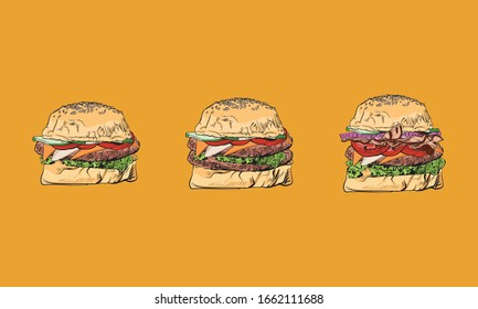 Burger .Fast food set. Hand drawn colorful elements . Snack collection. Junk food. Engraved top view illustration. editable. Vector illustration. Background template for design. Can be use for menu, p
