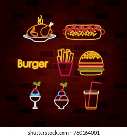 burger and fast food set of neon sign on brick wall