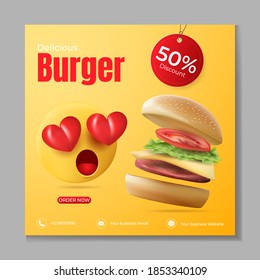 Burger Or Fast Food Social Media Post Template. Illustration Vector With Realistic Burger.