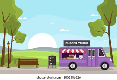 Burger Fast Food Truck Van Car Vehicle Street Shop Illustration