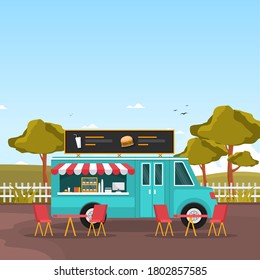 Burger Fast Food Truck Van Car Vehicle Street Shop Illustration