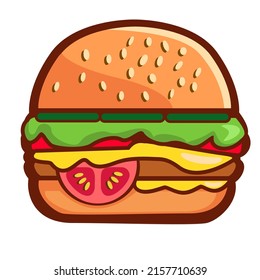 Burger fast food vector illustration. Cartoon Burger with lettuce, cheese and tomato. Vector hand drawn illustration iosolated on transparent background. Food Icons simple flat style 