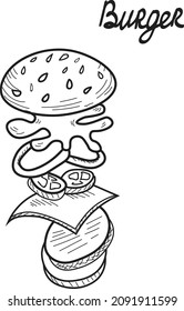 Burger, fast food vector isoalted on bright background. Concept for logo, menu, cards