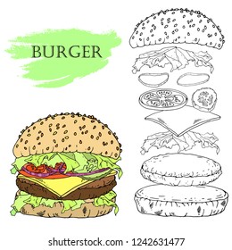 burger, fast food vector, parts of burger, header