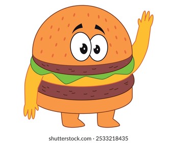 Burger fast e junk food hambúrguer personagem mascote colorido almoço carne pão queijo alface ícone design set