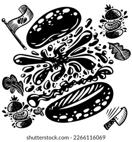 Burger FastFood Menu. Brutal drawn sketch. Cartoon vector picture. 