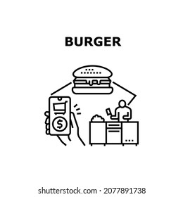 Burger Fastfood Vector Icon Concept. Burger Fastfood Ordering Online In Smartphone Application Of Restaurant. Chef Cooking Delicious Fat Hamburger On Kitchen From Raw Meat Black Illustration