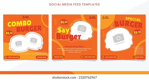 Burger feed social media design template with orange color and burger photo frame.