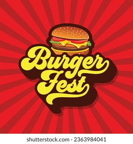 Burger Fest groovy typography editable text with a cheeseburger on retro background. Fast Food template, banner, poster for restaurant. 