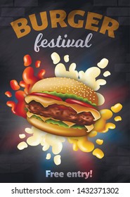 Burger Festival Vertical Banner with Tasty Hamburger with Cheese, Meat and Ketchup, Mayonnaise, Mustard Splashes around, Fast Food Event Poster, Placard, Advertising, 3D Vector Realistic Illustration