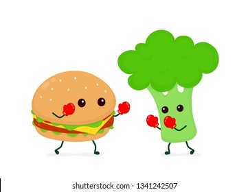 Burger fighting with broccoli in boxing glover. Vector flat cartoon character illustration icon design. Burger vs broccoli. Healthy food against fast junky food concept