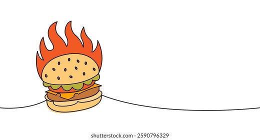 Burger with fire behind one line colored continuous drawing. Traditional American fast food.