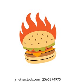 Burger with fire behind. Traditional American fast food. Vector illustration.