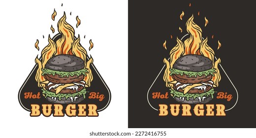 Burger in fire or burning burger with meat, cheese and vegetable for logo or emblem. American fast food or USA food with bun, lettuce, cheese, tomato, onion, cutlet for store.