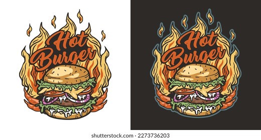 Burger in fire or burning burger with meat, cheese and vegetable for logo or emblem. American fast food or USA food with bun, lettuce, cheese, tomato, onion, cutlet for store.