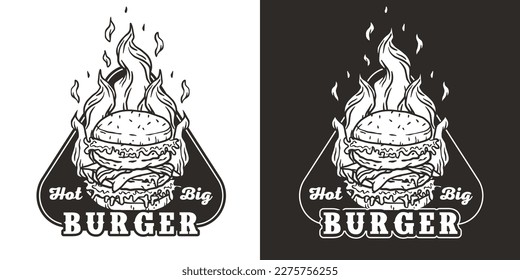 Burger in Brand oder brennender Burger mit Fleisch, Käse und Gemüse für Logo oder Emblem. Amerikanisches Fastfood oder amerikanische Küche mit Knospen, Salat, Käse, Tomate, Zwiebeln, Cutlet für den Laden.