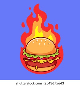 Burger With Fire Cartoon Vector Icon Illustration. Food Object Icon Concept Isolated Premium Vector. Flat Cartoon Style