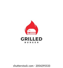 burger with fire, grilled burger logo design vector