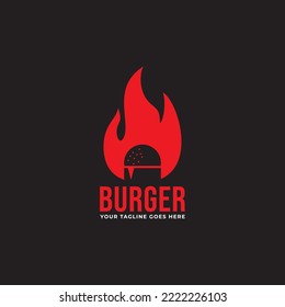 burger with fire, grilled burger logo design vector