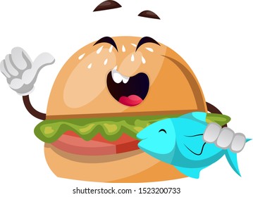 Burger with fish, illustration, vector on white background.